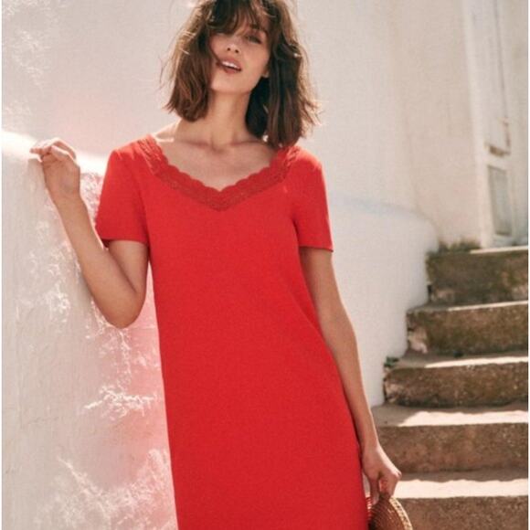 SEZANE Louisa Dress Coral Red Shift Lace Neckline {TT36} - Picture 5 of 9